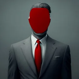 a man wearing a grey suit with a red tie who has no eyes or face