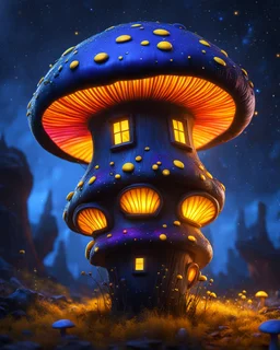 An illogical floating mushroom house on a clear moonless night. . Bright Bold Bright Colors, yellow blue white, Starry Dark cosmic interstellar. Detailed Matte Painting, deep color, fantastical, intricate detail, splash screen, hyperdetailed, insane depth, concept art, 8k resolution, trending on Artstation, Unreal Engine 5, color depth, backlit, splash art, dramatic, High Quality Whimsical Fun Imaginative Bubbly, perfect composition