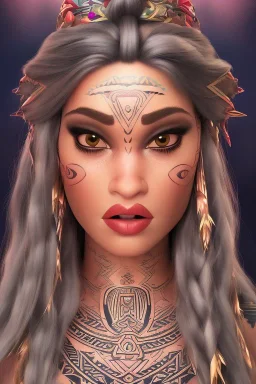  Portrait voluptuous female Maori Chief iron maiden rainbow Maori tribal tattoos, bow with arrows, full detail, 4k, style of Cosmopolitan golden hair