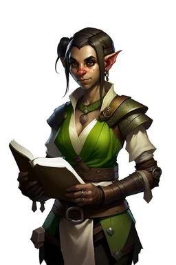 Dungeons and dragons half orc girl. She has green skin and pointy ears. She is kind. She has short hair. She carries a book. She is in a tavern. Realistic style