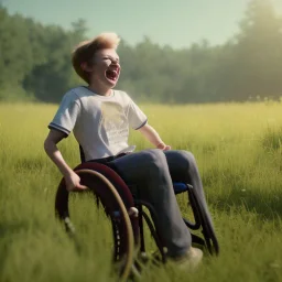 white boy joy, white teenage boy in wheelchair frolicking through a meadow with unrestrained happiness