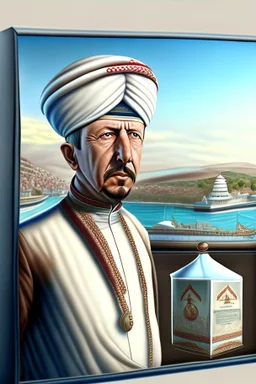 Create a panoramic 3D panel style digital drawing Painting Rajab Tayyip Erdogan he is milk seller runabout He He wears a turban and a poor costume in 1900 Ultra-wide angle Highly realistic precise details Detailed panoramic view Detailed distance Professional Quality 8K