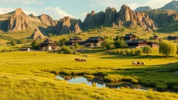 Resilient village among natural rock formations, fertile grasslands flourishing over former battlefield, serene pond lined with weeping willows, peaceful herds reclaiming once disputed land, traditional architecture integrated with historic defensive elements, golden light bathing the scarred landscape, post-war naturalism style