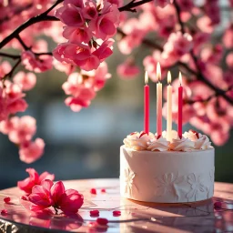 crystal stone romantic atmosphere, glossy transparent stone tabletop, rich atmosphere, floatingred shades, tulle, candles, birthday cake from the side, luxury, close-up, warm light, minimalismspring cherry blossoms blurred background sunny weather