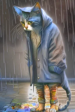 One single beautiful mature cat with worn out clothes, walking in the rain, realistic proportions, mourning, model style, hyper realistic, extremely accurate, delicate, extremely detailed, Graphic novel style, wide-angle, open aperture, superfine pencil