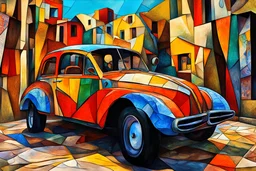 Cubism art. old car , Chagall, Pablo Picasso style, ultra hd, realistic, vivid colors, high detail, UHD drawing, pen and ink, perfect composition, beautifully detailed intricate insanely detailed octane cubism rendering, artstation trend, 8k art photography, cubism concept art, soft natural volumetric cinematic perfect light, geometrical shapes