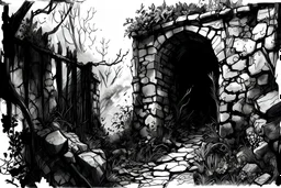 black and white lineart, closeup of an old crumbling stone wall, overgrown with mosses, leaves, brushes, gnarly trees, tree roots, stones and rubble, created in and watercolor, highly detailed, gritty textures, grafik novel style of bill sienkiewicz