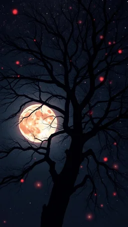 surreal glowing in dark, widow trees , millions of stars. a peach flowing anime style moon view through a tree in double exposure