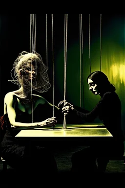 a surreal abstract image of a woman seated on a table, she is connected to string like a puppet, arms in air, moved by the strings, puppet like features in the face, beautiful face, looks desperate to break free, behind her is a huge image of a man holding the strings, creepy character,.zoomed in, dark and shadowy background with selective lighting on the woman