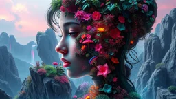 A futuristic, neon, synthwave inspired mental landscape shaped like a woman, with multiple layers and dimensions, reminiscent of a double exposure effect, inspired by the surreal style of Igor Morskoy and the eco-futuristic architecture of Vincent Callebaut, incorporating the mathematical harmony of the Fibonacci sequence, with lush, vibrant and eerie flora seamlessly merging with the contours of the woman, as if her thoughts and emotions have taken on a life of their own, with flickering, pulsa