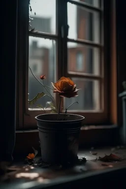 Dying flower in pot, sitting on windowsill, petals falling off, looking straight on, hd, realism, hdr, 4k, leica, fujifilm, dslr, cinematic