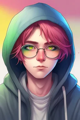 Anime man with glasses, messy rainbow hair, wearing a hooded sweatshirt, realistic