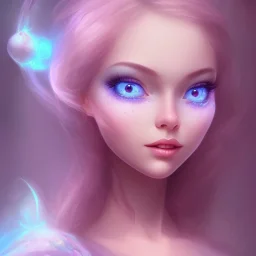 portrait, visage sourire, fée, magicienne, grands yeux bleus, fantasy, bleu et rose