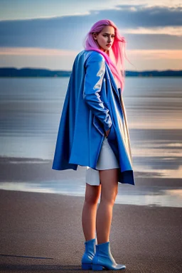 half body shot,realistic portrait of a 20-25 old caucasian model, long blue pink flowing hair, great grey eyes, blue leather jacket,full body, short white skirt,long legs,standing at beach of very nive lake with sunset ,clouds,godrayes