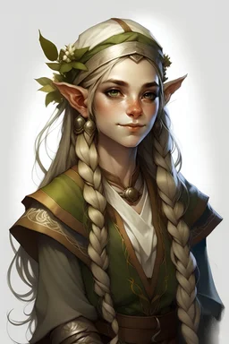 fierce mid twenties dungeons and dragons female gnome wizard with long hair in one braid and white holly in her hair casting