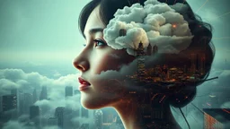 A portrait of a woman formed by a surreal, dreamlike mental landscape reminiscent of double exposure photographs, with layered, swirling clouds and neurological pathways evoking the futuristic, dystopian cityscapes of Cyberpunk 2099 and Blade Runner 2049. Inspired by Vincent Callebaut’s innovative, eco-friendly designs and the complex, mathematically driven patterns of the Fibonacci sequence, seamlessly blending into a dark, misty atmosphere. Igor Morskoy’s signature blend of organic and synthet