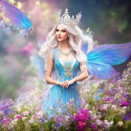 Fantasy fairy with transparent wings, smiling, make up, long platinum blond hair with crown and flowers, blue dress, flowering background