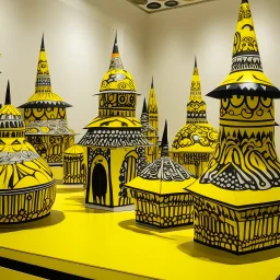 A yellow town made out of hats designed in Javanese shadow puppets painted by Roy Lichtenstein