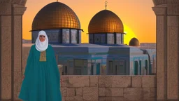 A Palestinian woman wearing an embroidered dress with the Dome of the Rock in front of her during sunset in winter.