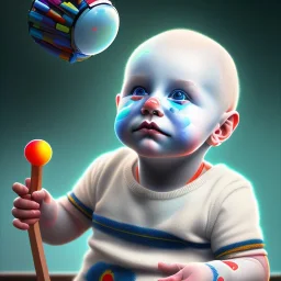 a human clown baby called tobias leander with no hair, playing with toys, sitting in chair, photo realistic spray painting, book cover
