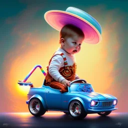 A one-year-old boy rides in the plastic funny toy-car on the middle of a busy street in new york. He has and a large-brimmed straw hat. somehow photographic bright colors and sunset, fantasy art, Anna Dittmann, digital painting, dan mumford, oil on canvas, jeff koons, akihito yoshida, wlop, kodachrome,