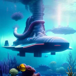 fullbody Drawing of 'Ultra Futuristic style concept Submarine'intricate detail,by andrea bonelli,Kilian Eng,Ohrai,underwater,three quarters view, Futuristic Submarine Octopus design study, toned colors,16k