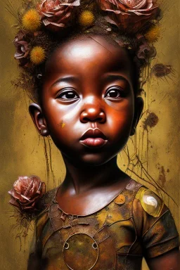 an abstract painting of rusted metal and flowers, african baby portrait, rust, scaffolding, iron cladding, decay, mixed media, textured, anatomically correct, beautiful perfect face, sharp focus, highly detailed