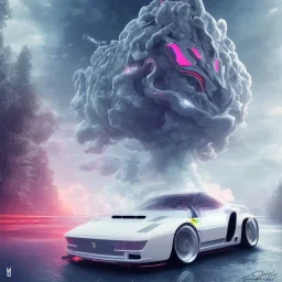 Ferrari blanche, dans un nuage de fleur, concept art, réaliste, synthwave