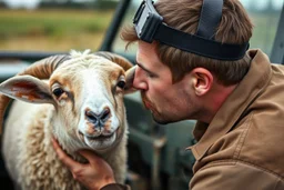 a portrait of a broken head mechanic, kissing a hybrid mixed body part sheep, fixing (far away old land rover 4x4 discovery 2) in the countryside