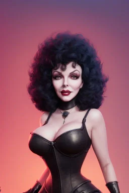 Joan Collins as evil queen in black leather, leather, busty, cleavage, angry, stern look. character design by cory loftis, fenghua zhong, ryohei hase, ismail inceoglu and ruan jia. unreal engine 5, artistic lighting, highly detailed, photorealistic, fantasy