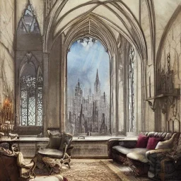  Living room with a big full wall window view on Gotham city , gothic architecture,interior design,point of perspective,by Jean Baptiste Monge, Epic cinematic, brilliant stunning, intricate, meticulously, detailed, dramatic atmospheric, maximalist digital matte painting