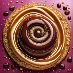 high realistic photo from liquid pierced through an chocolate bonbon with smooth swirling spiral, glitters background, soft box, sharp focus, studio photo, hyper realistic, expressionism, Art Nouveau, hig details, fodd photo