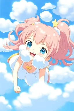 Girl falls from the sky among the clouds. Anime style