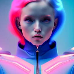 redhead woman teenager, padded coat, retro futuristic, latex dress, gradient color, BLUE, PINK, CYAN, neon, insanely detailed, 16k resolution, perfect eyes, cinematic smooth, intricate detail