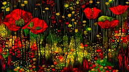 surreal tranquility meadow,magic lighting,deep dark rich colors,minimalism, with a little gold, magic lighting, small sparkles, glowing silk red poppies and plants made of silk threads, with dark, black, gold and red colors, minimalist style, black gold lines, alcohol ink splash, stylized artistic patchwork,surreal fantasy utopian