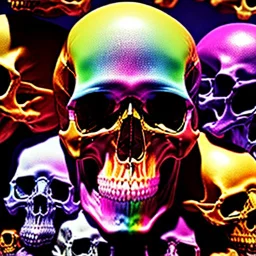 a picture of a dark, comedic, anatomically correct wall of colorful skulls of varying sizes and expressions, photo realistic, insanely meticulous, highly detailed, part of a collection of bones on display, 64k, dystopian, vray