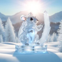 ICE sculpture representing a finely chiseled alien hamster rearing up on hind legs, hyperdetailed dynamic lighting intricately detailed morning sunlight shiny bright sparkling sparkling beautiful winter landscape background, ice sculpture, expansive, grand, impossible magnificence, 3d octane render, opulent detail, rule of thirds