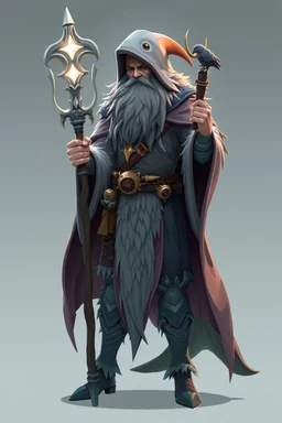 good low poly merman thief priest with long fur all over his entire body and bright aura and a nerd magical wizard shark raven dragon staff