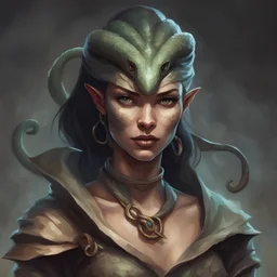 generate a dungeons and dragons character portrait of a serpent person woman thief