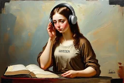 Painting by léonard de vinci, a Young woman listening to music, it's written LISTEN on her t-shirt,