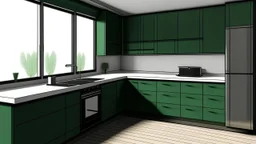 kitchen with dark green furniture, on the left side by the window from the bottom up, a microwave and an oven installed in the furniture, and on the right side and next to it an induction hob and a cooker hood above it, on the right side there is a sink and a dishwasher underneath it