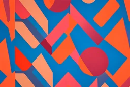 people in an abstract geometric hotel peach red and orange