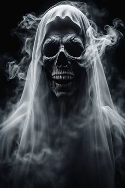 close up of a Ghost, luminated, ghost in motion, transparent white smoke, black background, ultra detailed, creepy, horror mood, sinister, surreal cinematic