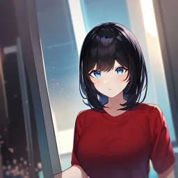 Clear Focus, High resolution, girl wearing a red shirt, blue eyes, medium hair length, black hair with a gradient of cyan