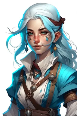 young female dnd air genasi pirate cleric with pale blue skin and ombre hair