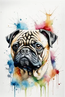 A minimalist portrait of a pug, loose watercolour, wet on wet and splattering and dripping techniques, soft colours, centred, perfect composition, abstraction,