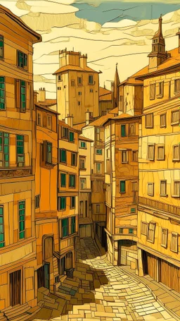 A brown city with blocky buildings painted by Vincent van Gogh