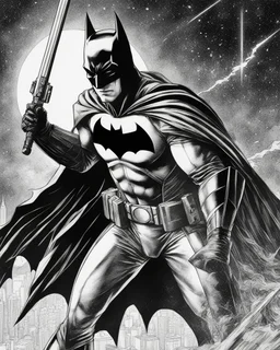 I draw black and white manga of Batman as a JEDI from Star Wars, meticulous etching and shading techniques, hyper-detailed illustration. Batman is in dynamic motion preparing for a powerful move. Intricate lines and textures enhance the depth and realism of the drawing, showing the artist's skill and creativity