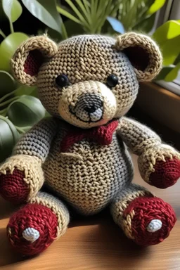 high quality product photo of a crochet tokay teddy bear with red wine eyes. attractive but smug cute