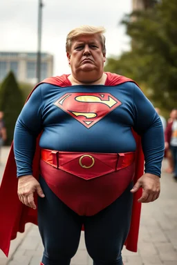 a thoroughly confused and morbidly obese donald trump dressed as superman